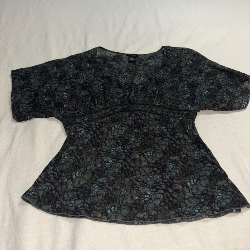 Calvin Klein Jeans Green‎ Top Women's Sz S Kimono Short Sleeve Blouse Babydoll - Picture 3 of 8